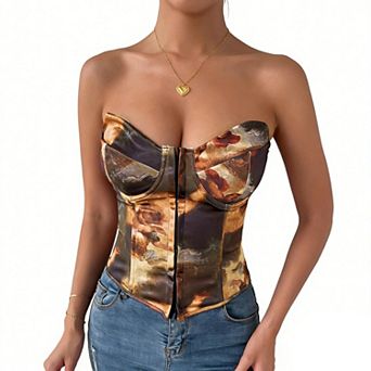 Women's Strapless Floral Print Bustier Corset Crop Tops Boned Tube Top
