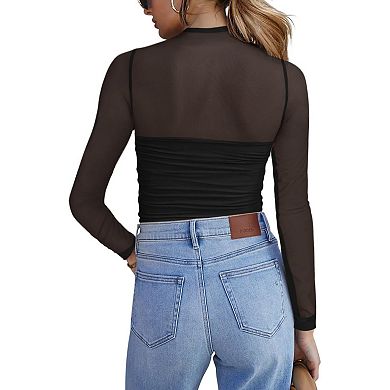 Women's Long Sleeve Tops Mock Neck See Through Lace Shirts Sheer Outfits