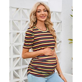 Maternity Shirts Casual Floral Print Tops Pregnancy Puff Short Sleeve Striped Ruched Side Tunic Top