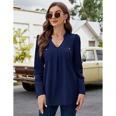 Women's Casual V Neck Lightweight Long Sleeve Pocketed Shirt Blouse Tops