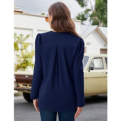Women's Casual V Neck Lightweight Long Sleeve Pocketed Shirt Blouse Tops