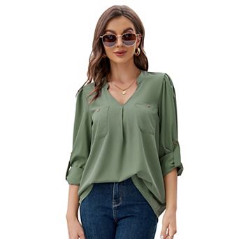 Women's Casual V Neck Lightweight Long Sleeve Pocketed Shirt Blouse Tops