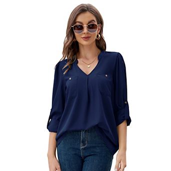 Women's Casual V Neck Lightweight Long Sleeve Pocketed Shirt Blouse Tops