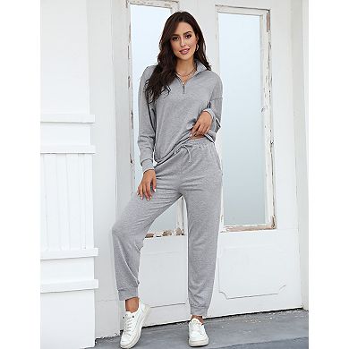 Women 2 Piece Sets 1/3 Zipper Long Sleeve Collared Sweatshirt&Elastic Waist Casual Pant with Pocket
