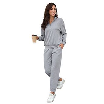 Women 2 pc Sets 1/3 Zipper Long Sleeve Collared Sweatshirt&Elastic Waist Casual Pant with Pocket