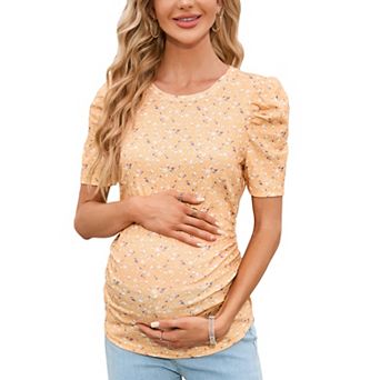 Maternity Shirts Casual Floral Print Tops Pregnancy Puff Short Sleeve Striped Ruched Side Tunic Top