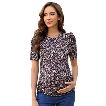 Maternity Shirts Casual Floral Print Tops Pregnancy Puff Short Sleeve Striped Ruched Side Tunic Top