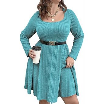Women's Plus Size Square-Neck Long Sleeve Stretchy Comfy Casual Dress