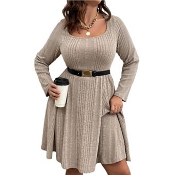 Women's Plus Size Square-Neck Long Sleeve Stretchy Comfy Casual Dress