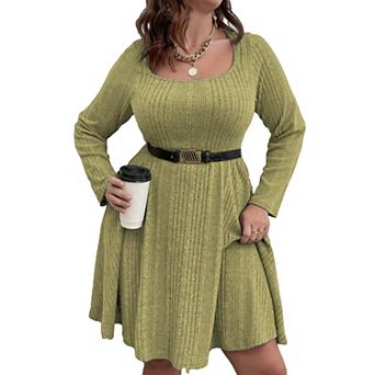 Women's Plus Size Square-Neck Long Sleeve Stretchy Comfy Casual Dress