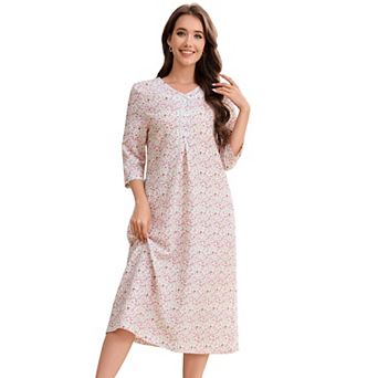 Women Nightgown V Neck Button Sleepwear with Pockets Casual 3/4 Sleeves Night Dress