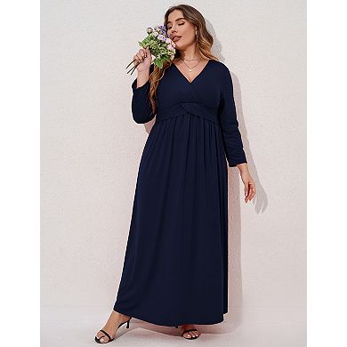 Women's Plus Size Maxi Dresses Wrap V Neck with Belt Tiered Flowy Long Dresses
