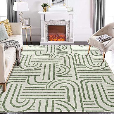 Modern Linear Pattern Area Rug Stain Resistant Low Pile Non Slip Indoor Floor Carpet