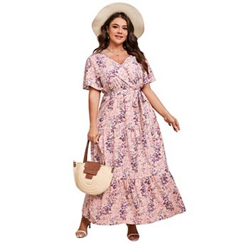 Women's Plus Size Maxi Dress High Waist Ruffle Dress Summer V Neck Dress