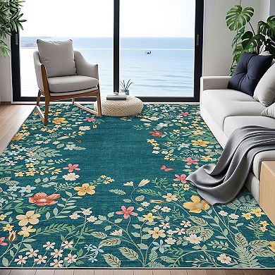 Modern Floral Botanical Pattern Area Rug, Stain-Resistant Low-Pile Non-Slip Indoor