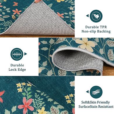 Modern Floral Botanical Pattern Area Rug, Stain-Resistant Low-Pile Non-Slip Indoor