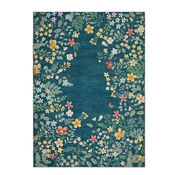 Modern Floral Botanical Pattern Area Rug, Stain-Resistant Low-Pile Non-Slip Indoor