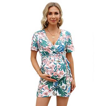 Women's Maternity Jumpsuit Short Sleeve Casual Jumpsuit High Waist Nursing Romper with Belt