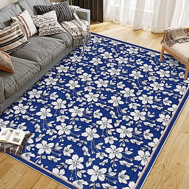 Modern Floral Blossom Area Rug Low Pile Stain Resistant Non Slip Durable Entryway Carpet