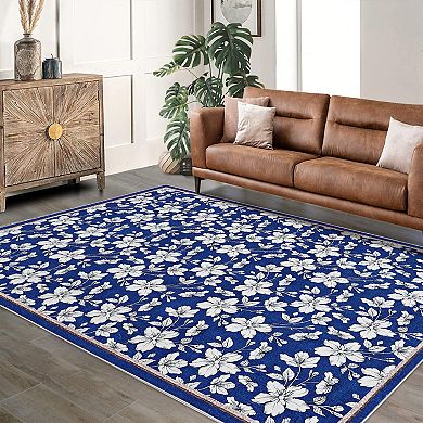 Modern Floral Blossom Area Rug Low Pile Stain Resistant Non Slip Durable Entryway Carpet