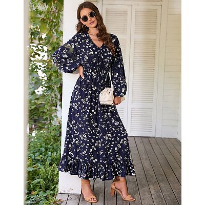 long sleeve blue floral maxi dress Long Sleeve Crystal Floral Maxi Dress Blue