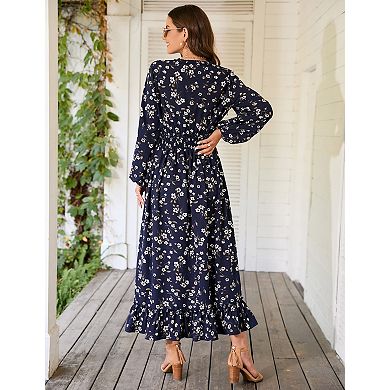 Women's Long Sleeves Floral Print V-Neck Maxi Dress