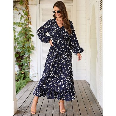 Women's Long Sleeves Floral Print V-Neck Maxi Dress