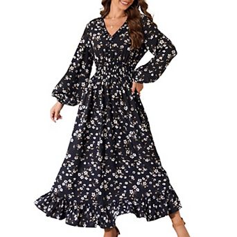 Women's Long Sleeves Floral Print V-Neck Maxi Dress