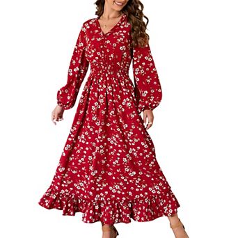 Women's Long Sleeves Floral Print V-Neck Maxi Dress