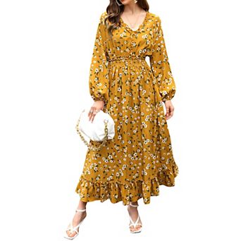 Women's Long Sleeves Floral Print V-Neck Maxi Dress