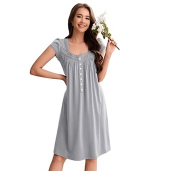 Women Nightgown Square Neck Button Sleepwear Short Sleeves Night Dress