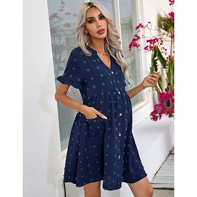 Women's Maternity Short Sleeve Button Down Dress with Pockets