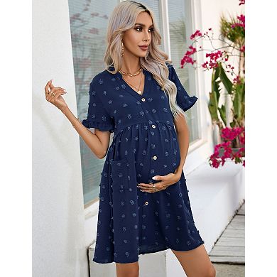 Women's Maternity Short Sleeve Button Down Dress with Pockets