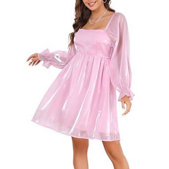 Womens Square Neck Puff Sleeve Dress Babydoll Mesh MiniDress