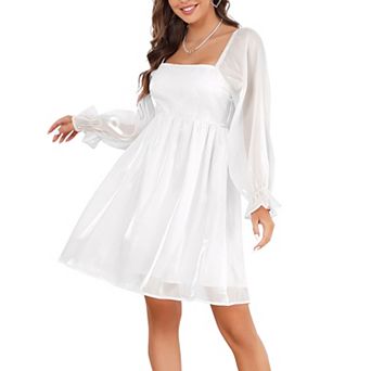 Womens Square Neck Puff Sleeve Dress Babydoll Mesh MiniDress