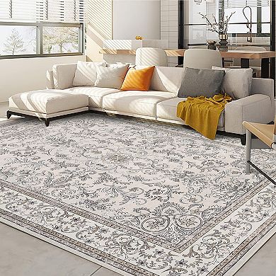 Vintage Boho Floral Area Rug, Low-Pile Non-Slip Durable Floor Mat