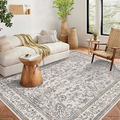 Vintage Boho Floral Area Rug, Low-Pile Non-Slip Durable Floor Mat