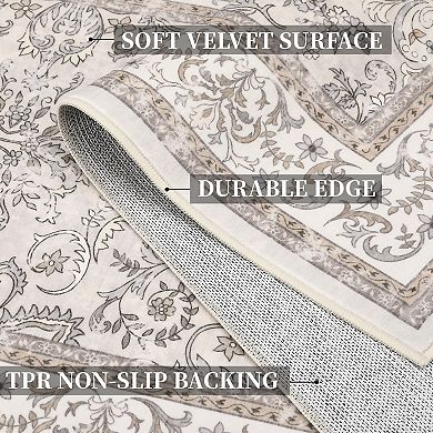 Vintage Boho Floral Area Rug, Low-Pile Non-Slip Durable Floor Mat