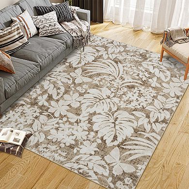 Botanical Print Living Room Bedroom Area Rug Leaf Pattern Easy To Clean Non-Slip Indoor Carpet