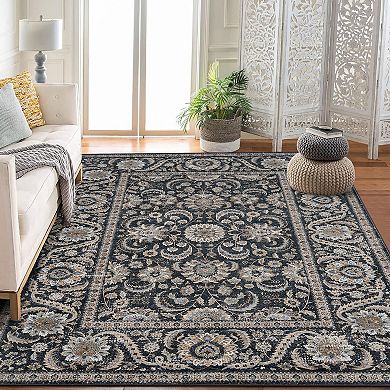 Durable Low-Pile Vintage Floral Non-Slip Area Rug