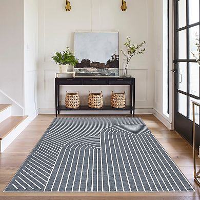 Modern Geometric Line Pattern Stain Resistant Low Pile Non-Slip Area Rug