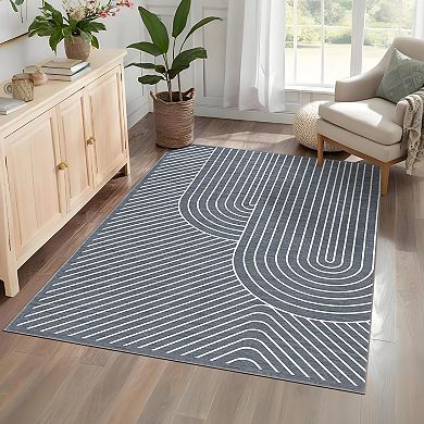 Modern Geometric Line Pattern Stain Resistant Low Pile Non-Slip Area Rug