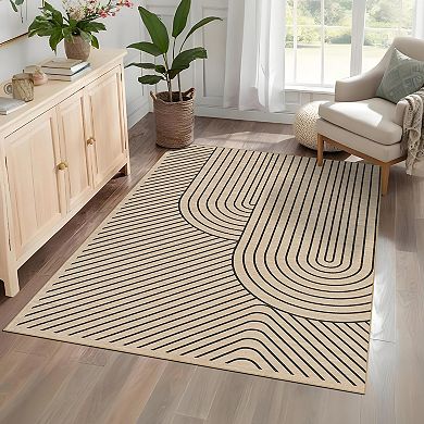 Modern Geometric Line Pattern Stain Resistant Low Pile Non-Slip Area Rug