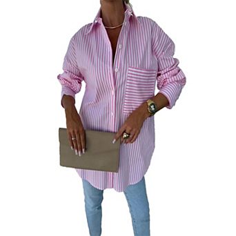 Women's Trendy Striped Button Down Shirt Long Sleeve Blouse with Pocket
