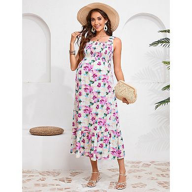 Maternity Off-Shoulder Summer Dress Strappy Ruffle Boho Swing Midi Dress