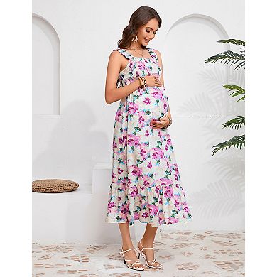 Maternity Off-Shoulder Summer Dress Strappy Ruffle Boho Swing Midi Dress