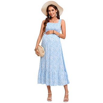 Maternity Off-Shoulder Summer Dress Strappy Ruffle Boho Swing Midi Dress
