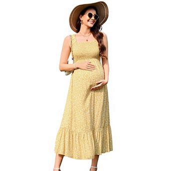 Maternity Off-Shoulder Summer Dress Strappy Ruffle Boho Swing Midi Dress