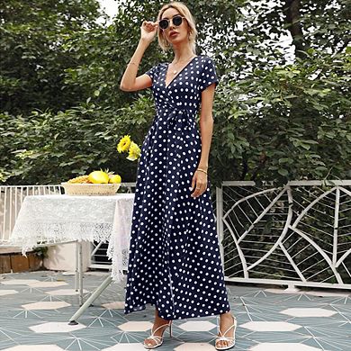 Women's V Neck Polka Dots Flutter Short Sleeve A Line Flowy Dress
