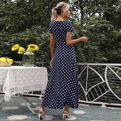 Women's V Neck Polka Dots Flutter Short Sleeve A Line Flowy Dress